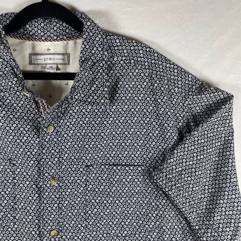 floral aop button down contrast cuff ss navy white cotton 1X nautical preppy